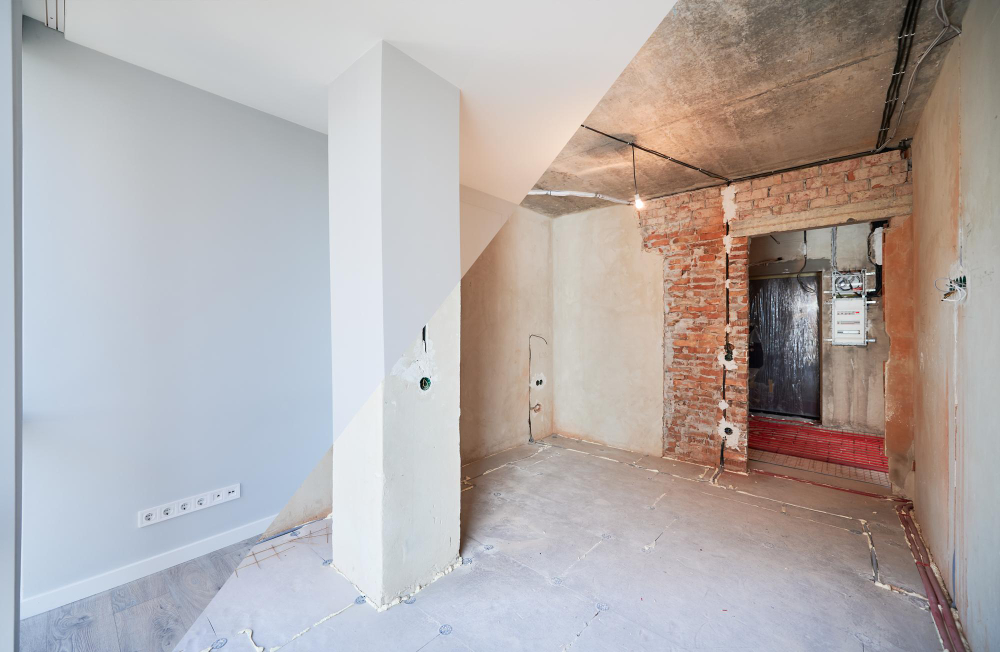 Modern saniertes Wohnzimmer mit neuer Trockenbauwand